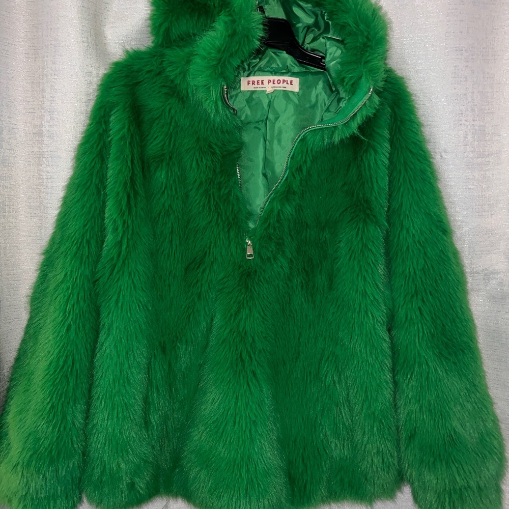 Free People Piper Green Faux Fur Pullover Jacket